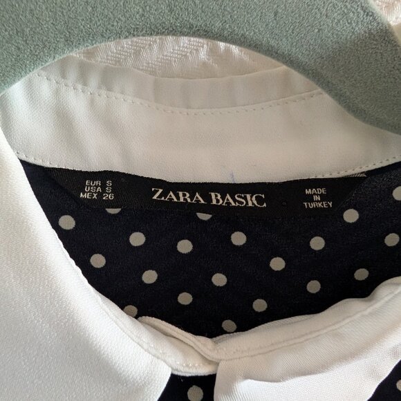 Zara Polka Dot Pleated Dress Navy Blue White Collar Cuffs Size Small Retro - Picture 5 of 13